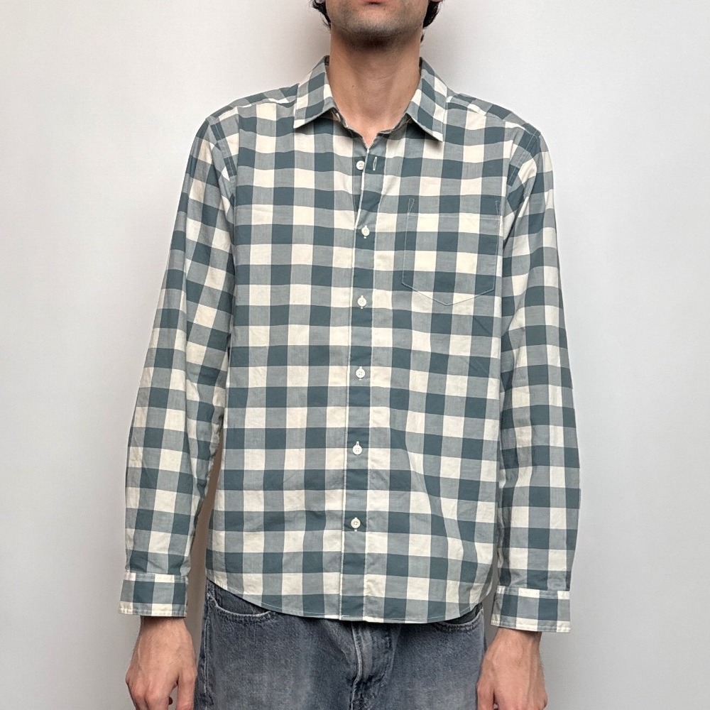 Patagonia Mens Organic Cotton Buffalo Check Button Down Shirt Teal White Medium
